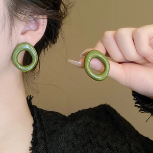 Minimalist olive green resin geometric hoop earrings with polished resin finish
