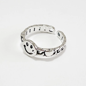 Smiley Face Heart 925 Sterling Silver Ring Vintage Chain Adjustable Open Ring Women Retro Fashion Jewelry