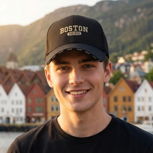Classic black baseball cap with golden Boston 1630 embroidery and casual outdoor style