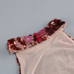 Detail showing sequins floral embroidery on mesh halter neck with red buttons