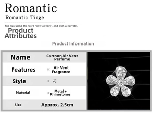 Close-up of sparkling rhinestone flower car perfume clip on air vent with size guide