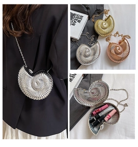 Three views of shell shaped metallic evening bags in silver, gold and rose gold colors