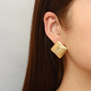 Chic 18K gold plated square striped earrings for women shown on model for elegant style