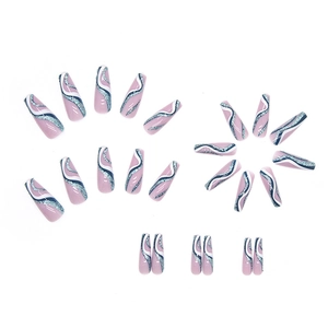 Long ballerina press-on nails with blue and white glitter wave pattern in coffin shape