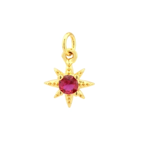 Macro detail of an 18K gold plated star pendant with a centered red zircon stone