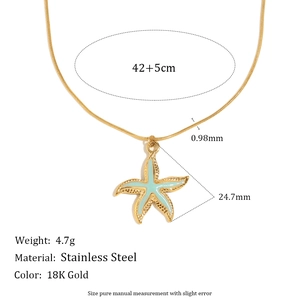 18K gold plated stainless steel starfish pendant necklace with light blue enamel detail