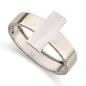 Polished silver alloy hinge bracelet featuring a large metal cross design on white background
