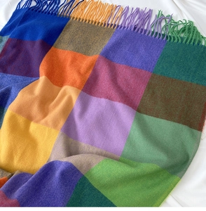 Detailed view of colorful checkered scarf featuring vibrant patterns and soft tassel edges