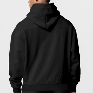 Rear view of men's fleece hoodie in black featuring ribbed cuffs and warm fabric texture