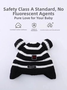 Detail of baby striped knit hat featuring cute bear ears and protective ear flaps