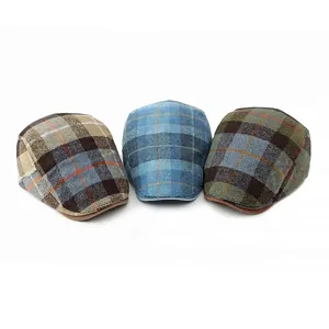 British style wool blend plaid beret hats in brown, blue and green color variants