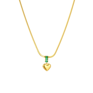 Golden blade snake chain necklace featuring a heart pendant and green rectangle gemstones
