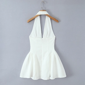 Detailed back view of white halter mini dress with hidden zipper and tailored waistline