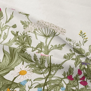 Detailed macro view of bohemian tapestry fabric with colorful wildflower patterns