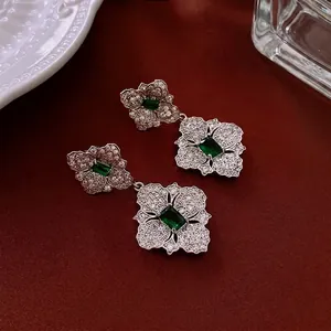 Vintage emerald cut flower earrings with green crystals and white zircon stones