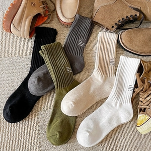 Mens Mid-Calf Socks Thick Cotton Blend Ribbed Terry Vintage Workwear Sporty Casual Letter Print Slogan Sweat Absorbent