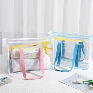 Transparent PVC mesh travel bags with colorful handles for swimming and beach storage