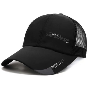 Detail of breathable mesh panel and sports embroidery on black long-brim baseball cap