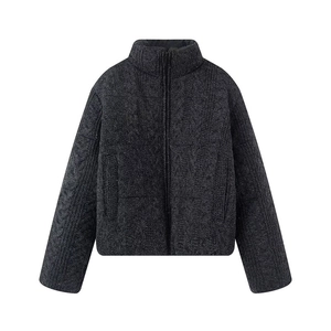 Women's dark grey cable knit jacket with high collar and full zipper closure