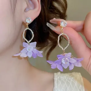 Elegant zircon flower drop earrings with purple petals and golden crystals for women