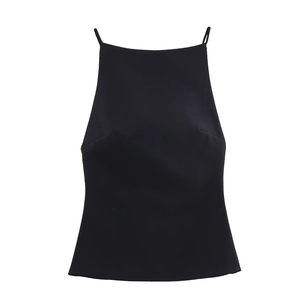 Women Sleeveless Cami Top Polyester Slim Fit Back Big Bow Spaghetti Strap Solid Black Casual Fashion Streetwear