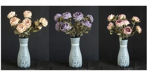 Three-panel view of burnt edge silk roses in vintage vases showing color variety