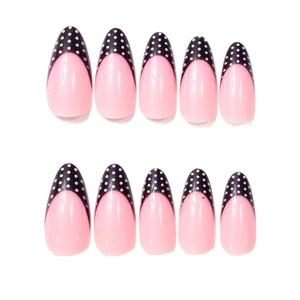 24pcs long almond press-on nails with brown French polka dot design on pink base