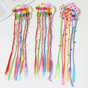 Colorful braided hair extensions for girls with small clips and decorative beads accessory