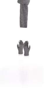 Three-piece winter knit set with scarf, touch-screen gloves, and hat in grey cable knit