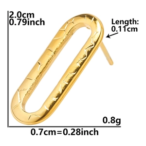 Detail showing dimensions and macro view of gold geometric oval hoop earrings in 304 stainless steel