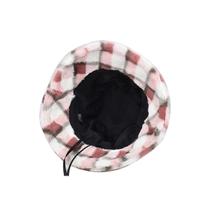 Detail view showing internal adjustable drawstring and lining of plaid plush bucket hat