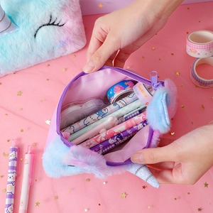 Cute plush unicorn pencil case with colorful faux fur and large capacity for stationery