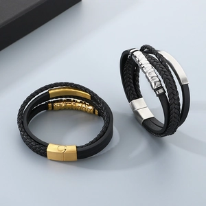 Men's multilayer braided leather bracelet with gold and silver stainless steel clasps