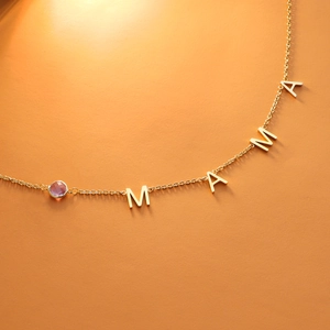 Golden MAMA letter pendant necklace with purple gemstone charm for Mother's Day