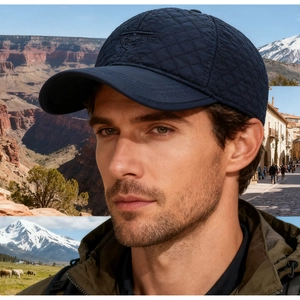 Close-up of navy blue quilted winter baseball cap with diamond stitching and embroidery