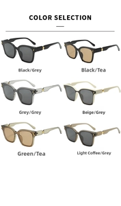 Detailed color selection of oversized square sunglasses featuring chic metallic accents