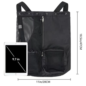 Mesh swimming bag dimensions 18.5x11 inches shown with 9.7 inch tablet for scale