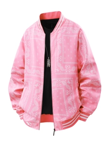 Veste baseball rose à motif bandana paisley avec col côtelé et fermeture éclair