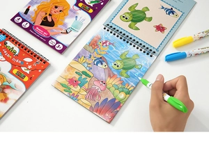 Detail of magic water drawing book set showing reusable inner pages and coloring pen