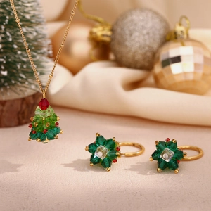 Christmas tree jewelry set with gold 18K plated necklace and sparkling star earrings
