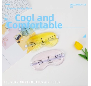 Close-up of three cute cat-themed gel cooling eye masks in blue, yellow, and pink colors