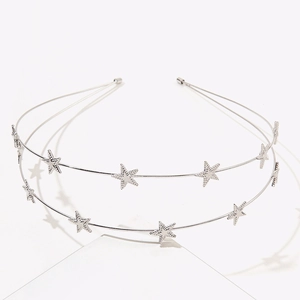 Double-layered silver metal headband with textured five-pointed stars for women