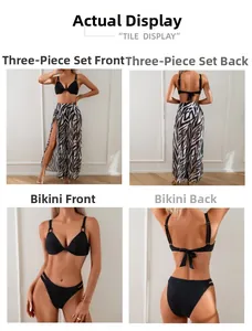 Three-piece bikini set with black halter top, bottoms and zebra print wide-leg pants