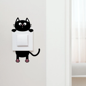 Cute black cat cartoon wall sticker decoration for light switch on a white wall