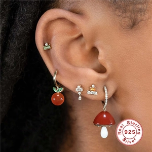 Sterling silver 925 earring set with green gemstone, mushroom charm, and fruit motifs