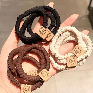 Pleated Fabric Hair Tie Elastic Scrunchies With Cute Cartoon Bear Leather Patch Korean Simple Durable Hair Accessories