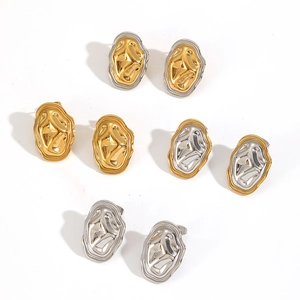 Lava textured stainless steel irregular oval earrings in gold and silver finish