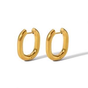 Minimalist golden stainless steel oval hoop earrings with a polished finish and hinged closure