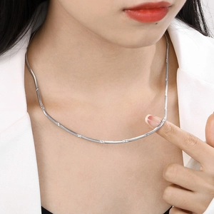 Close-up of a stylish silver titanium steel flat snake chain worn on the neck