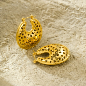 Gold stainless steel C-shaped earrings featuring cutout star patterns and beaded edges